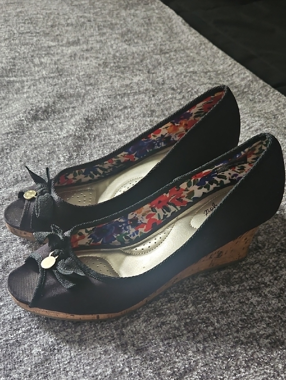 Dexflex comfort Black Peep-Toe Wedge Heels with Bow Accent,3 inches tall